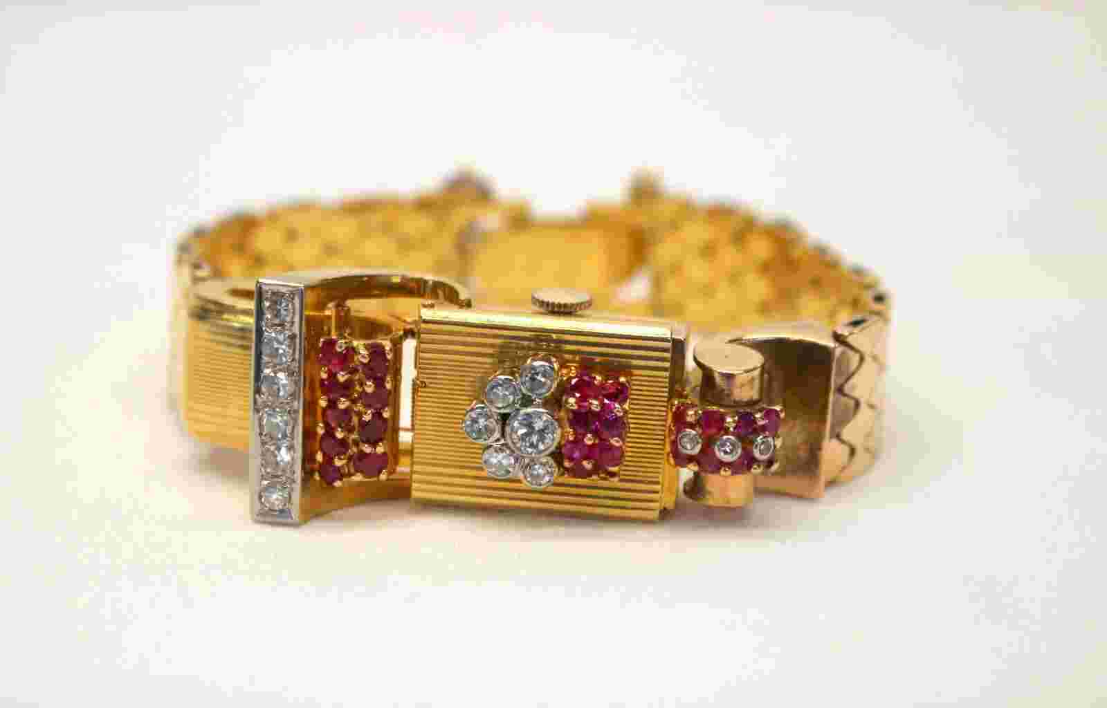 Ladies CHALET 14K Yellow Gold Watch HINGED COVER w/ RUBY & DIAMOND Runs LUXURY