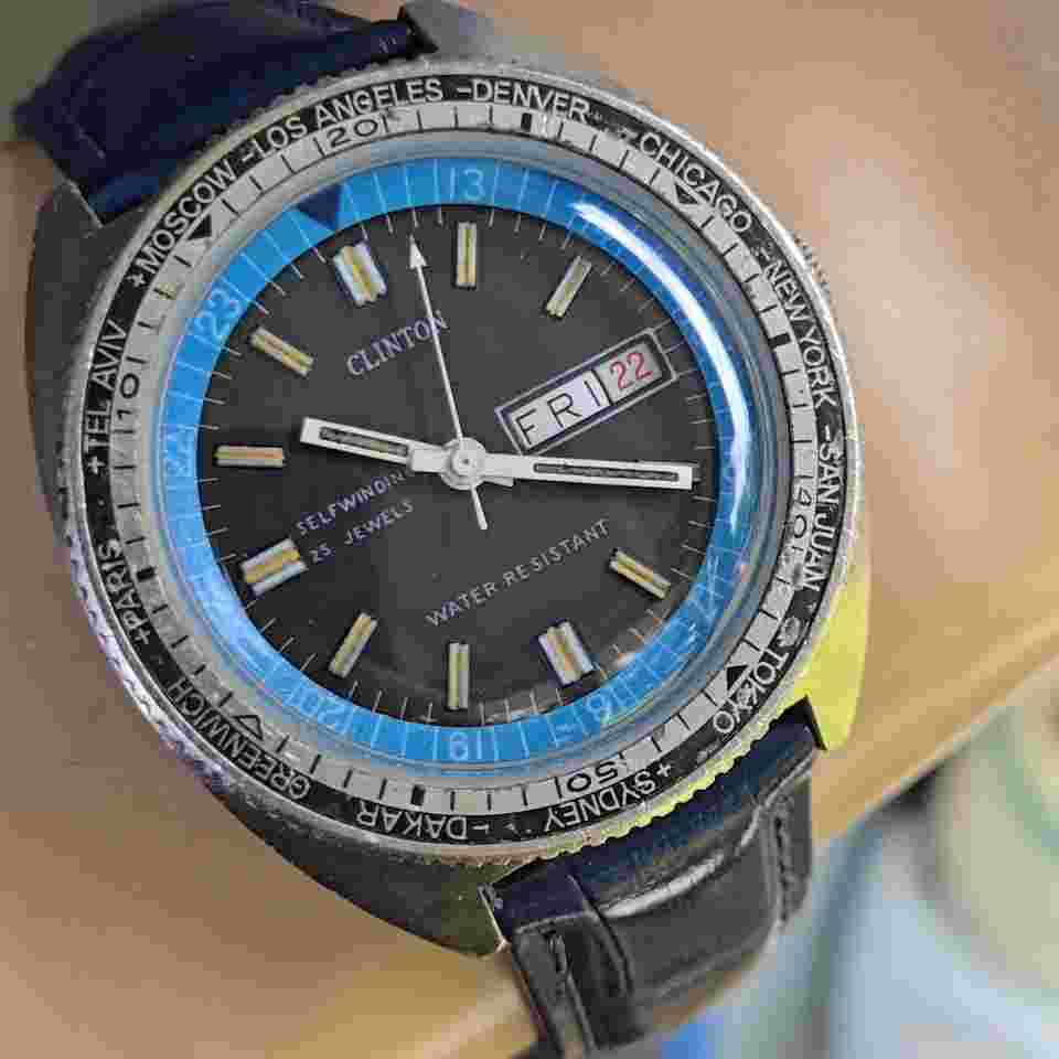 Vintage CLINTON men's automatic watch World time Ronda 1239 25Jewels swiss 1970s