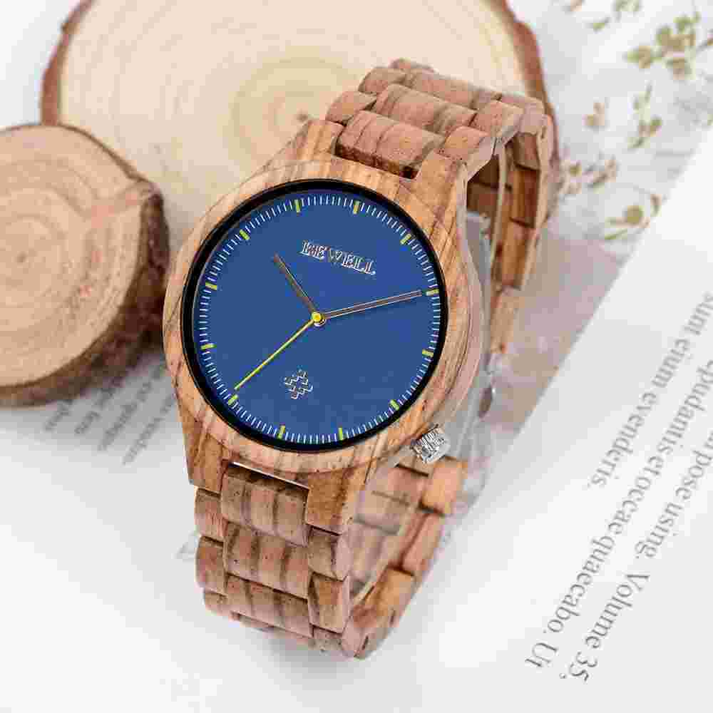 Bewell Men's Natural Wood Watch 45MM Wooden Case Blue Dial Zebra 30M WR