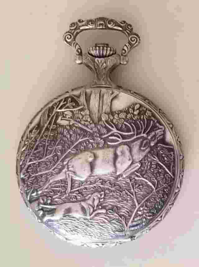 Vtg LeGant Hunter Themed 17 Jewels Incabloc w/Case Pocket Watch. [B5 215]