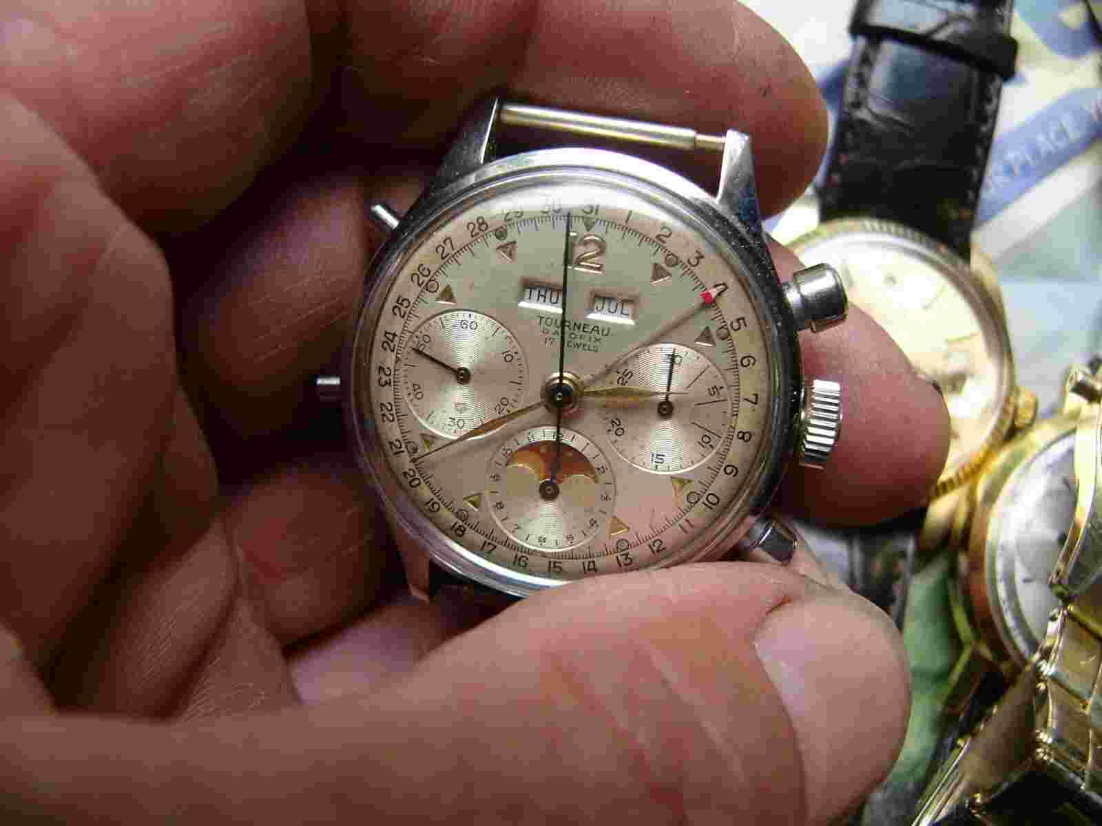 Tourneau Datofix Valjoux 88 all  S/S screw back Chronograph tripledate moonphase