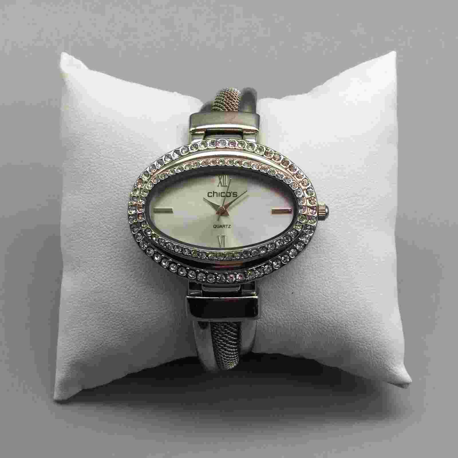 Chicos Watch Women 38mm Crystal Silver Tone Oval Dial Bangle Band New Battery