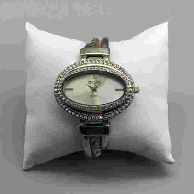 Chicos Watch Women 38mm Crystal Silver Tone Oval Dial Bangle Band New Battery