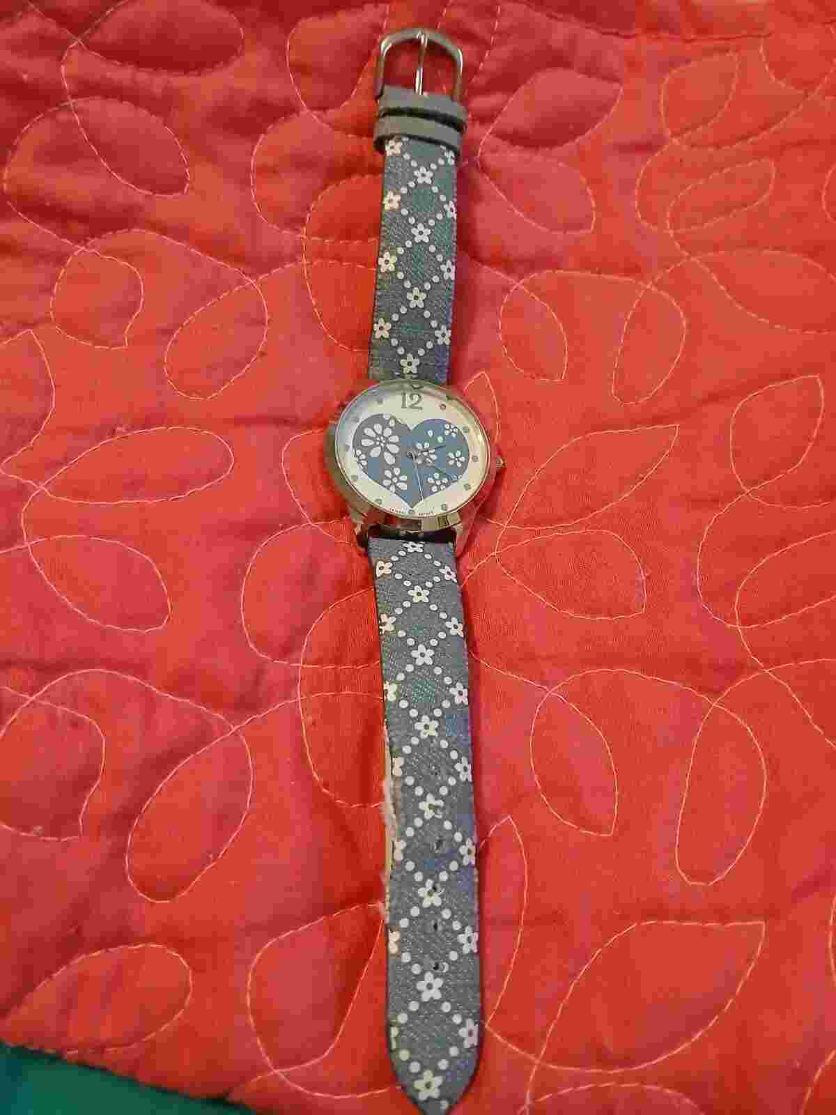 Avon Blue Watch with Heart Flowers - Works But Band Needs Repair/Replace