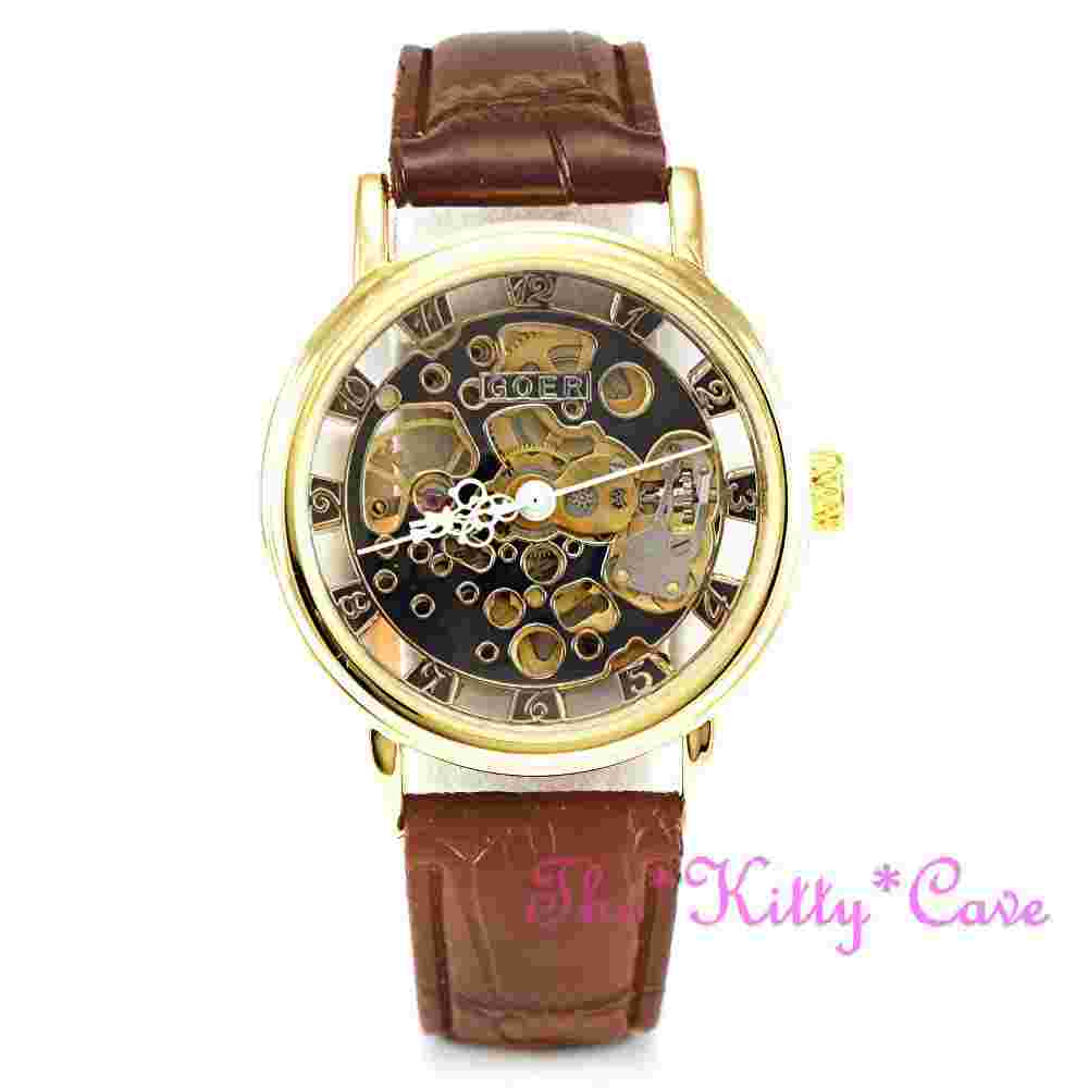 Gold Mechanical Skeleton Heritage Steampunk Brown Leather Wind-Up Unisex Watch