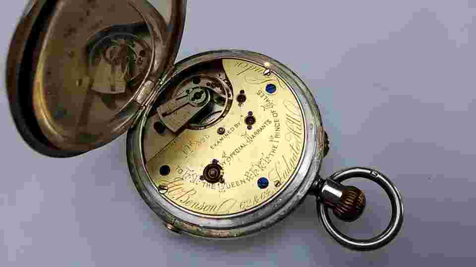 J.W.BENSON boxed Antique Silver Half Hunter Pocket Watch Chronograph c1890 runs