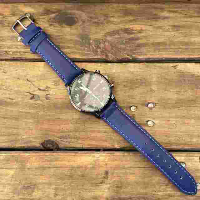 Migeer Black Dial Round Case Blue Faux Leather Band Watch