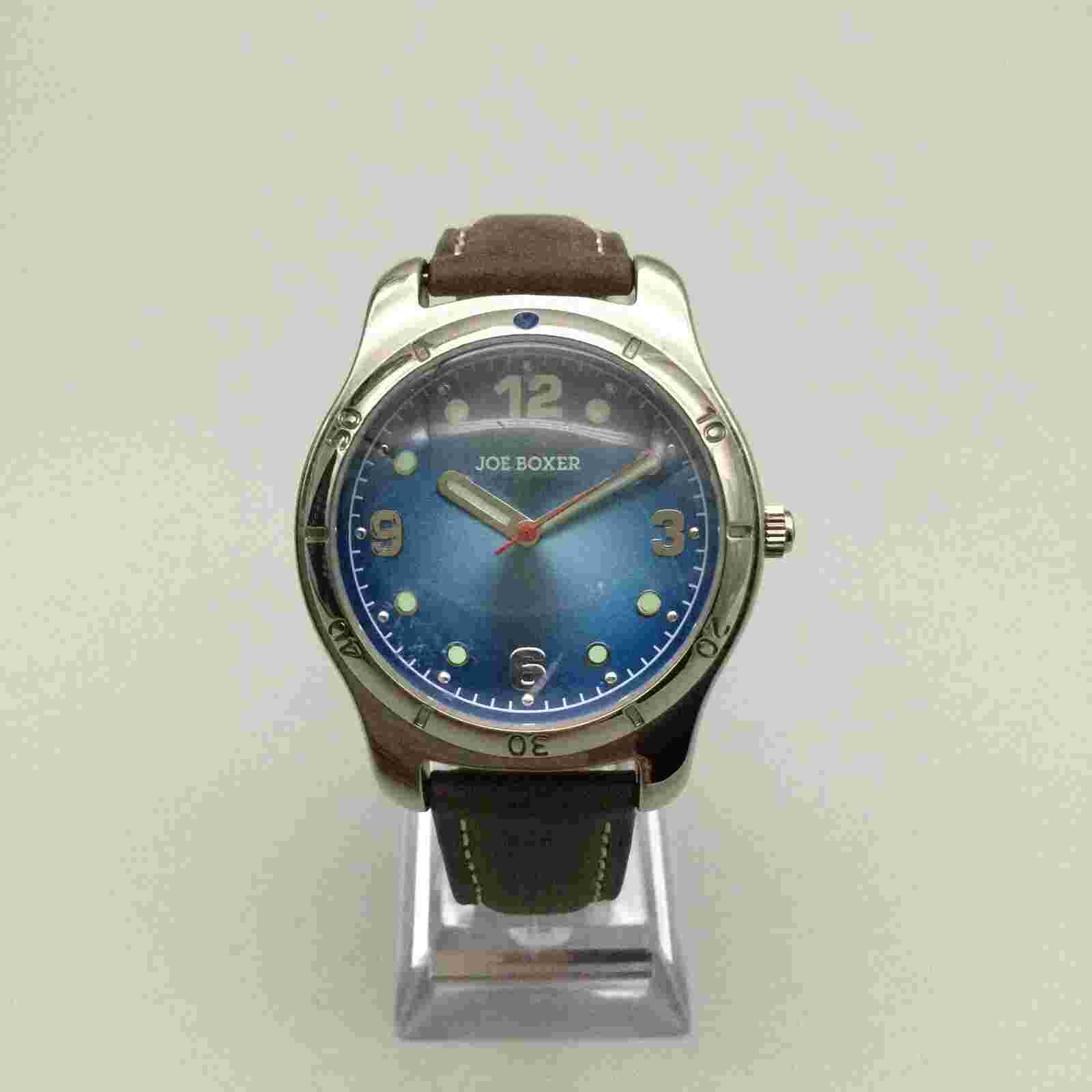 Joe Boxer Watch Men 39mm Blue Dial Bubble Crystal Brown Leather Band New Battery