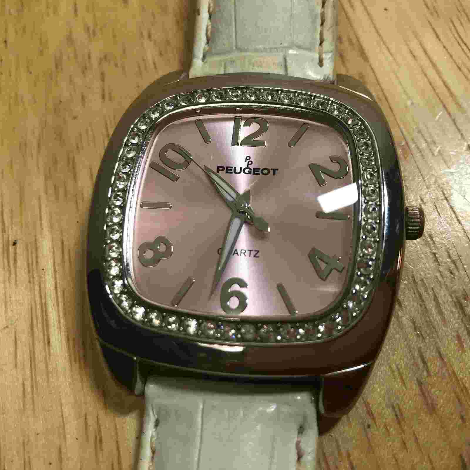 Peugeot Men Silver Barrel Rhinestone Leather Analog Quartz Watch New Battery