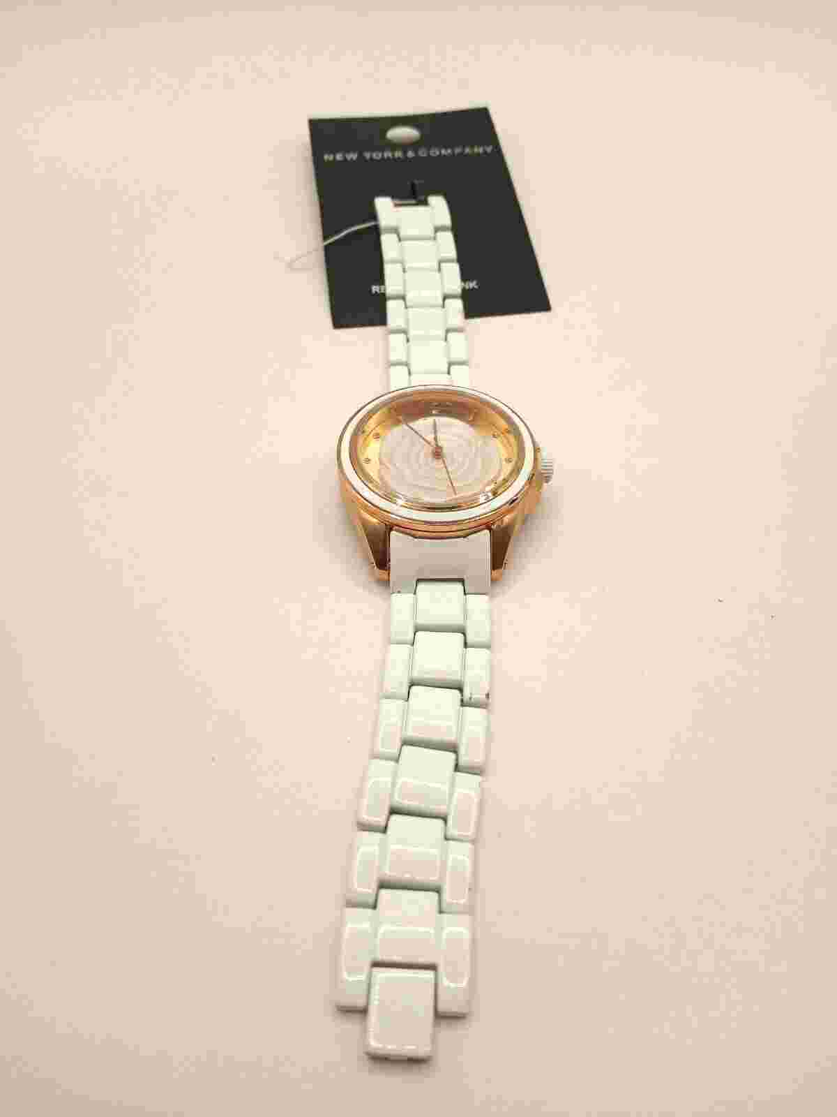 New with Tags NY & Co. Womens White Enamel Link Watch with Rose Gold Face