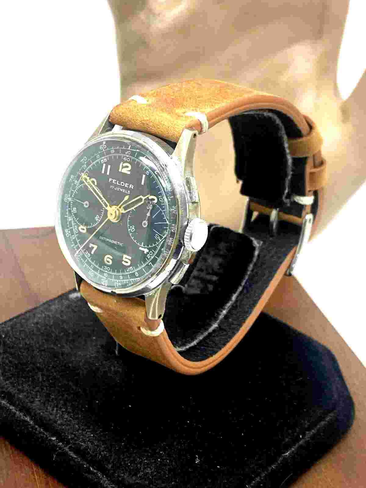 Felder Delbana Men's Watch Vintage Swiss Manual Wind WWII Chronograph Black Dial