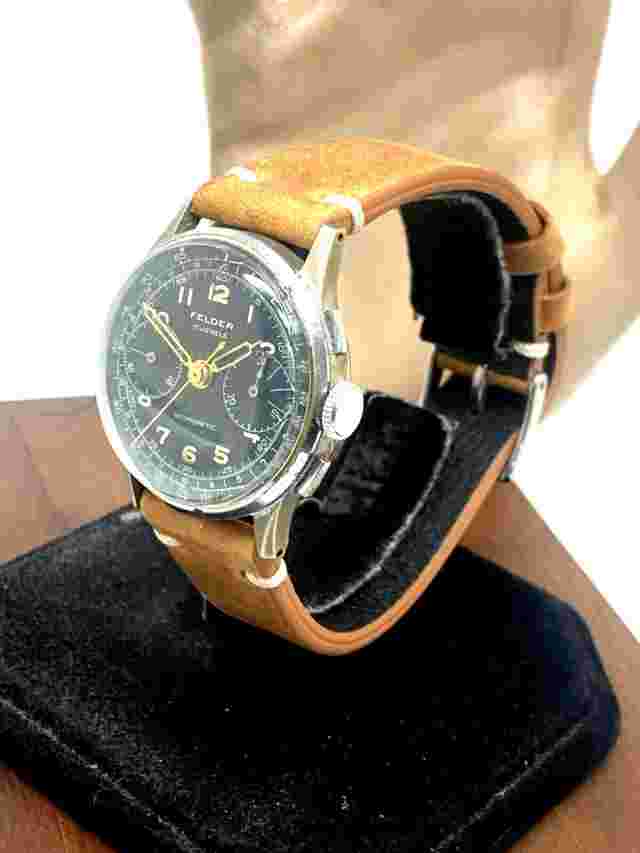 Felder Delbana Men's Watch Vintage Swiss Manual Wind WWII Chronograph Black Dial