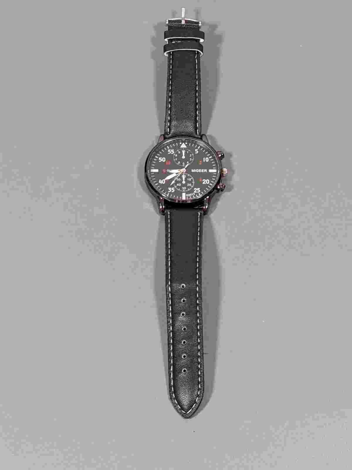 Mens Migeer Black Dial Silver Tone Round Case Black Faux Leather Band Watch