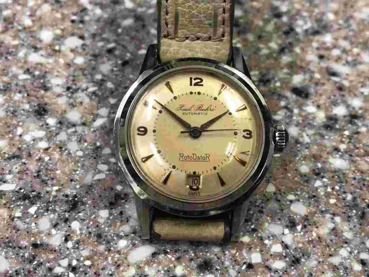 VINTAGE 1950s SWISS MADE PAUL BUHRE ROTODATOR AUTOMATIC WATCH.