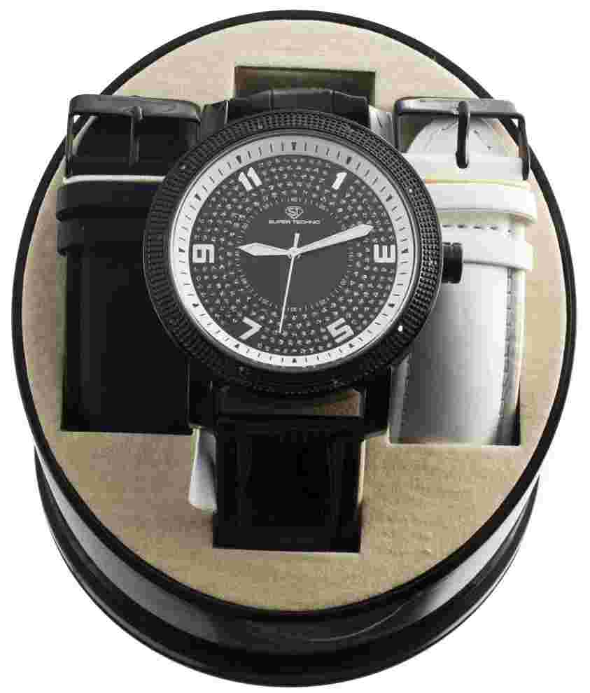 Super Techno M-6010 Men's Diamond Black Dial Leather Band Watch