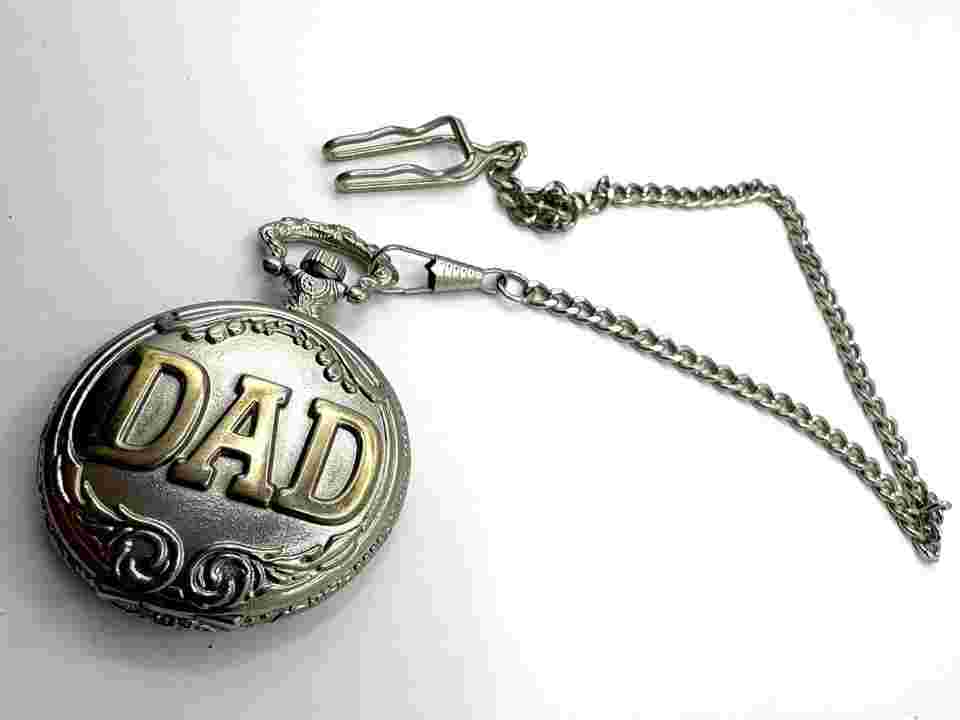 TwoTone Quartz Pocket Watch & Chain”DAD” Suisse Watch New Battery Runs Well EUC