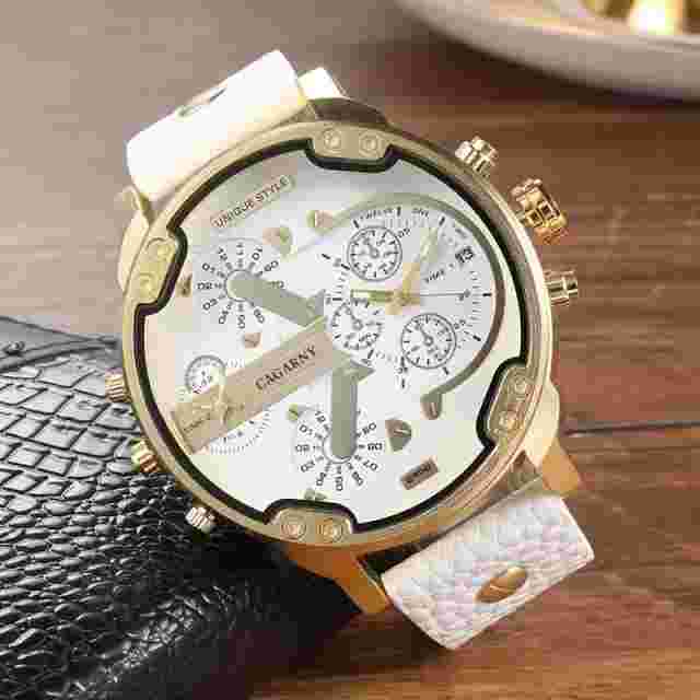 CAGARNY Men's Watch, Classic Large Dial Dual Time Gold White Black