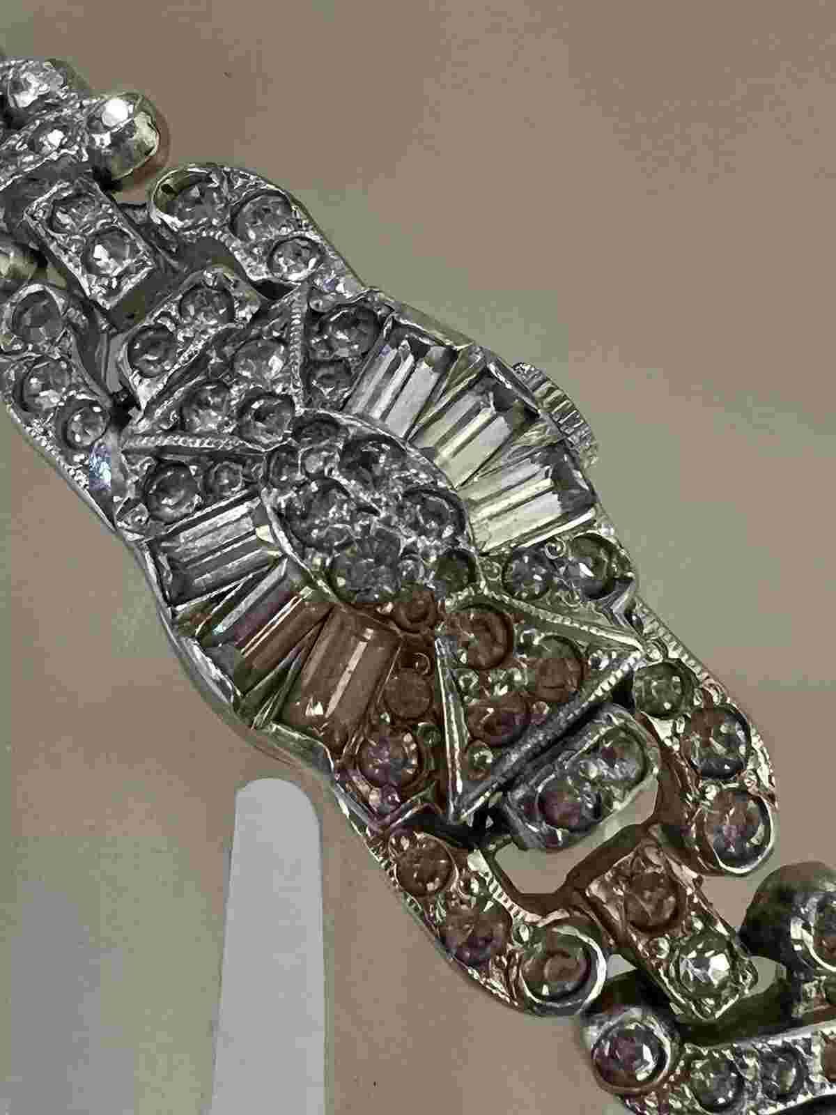 VINTAGE BEAUTIFUL SHEFFIELD RHINESTONE RHODIUM PLATE WATCH BRACELET