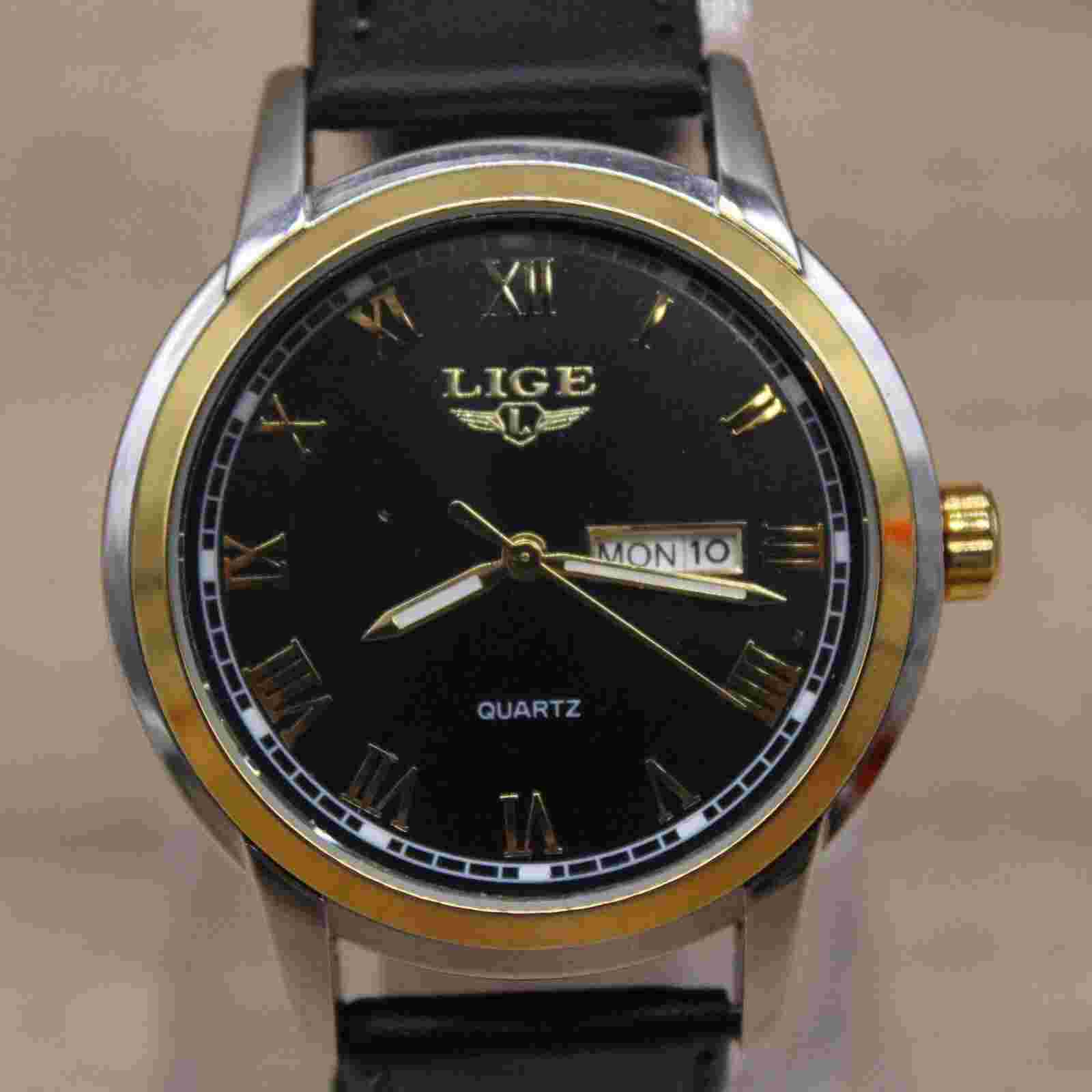 LIGE Watch Mens Stainless Steel Gold & Black Round Quartz Date Black Leather Ban