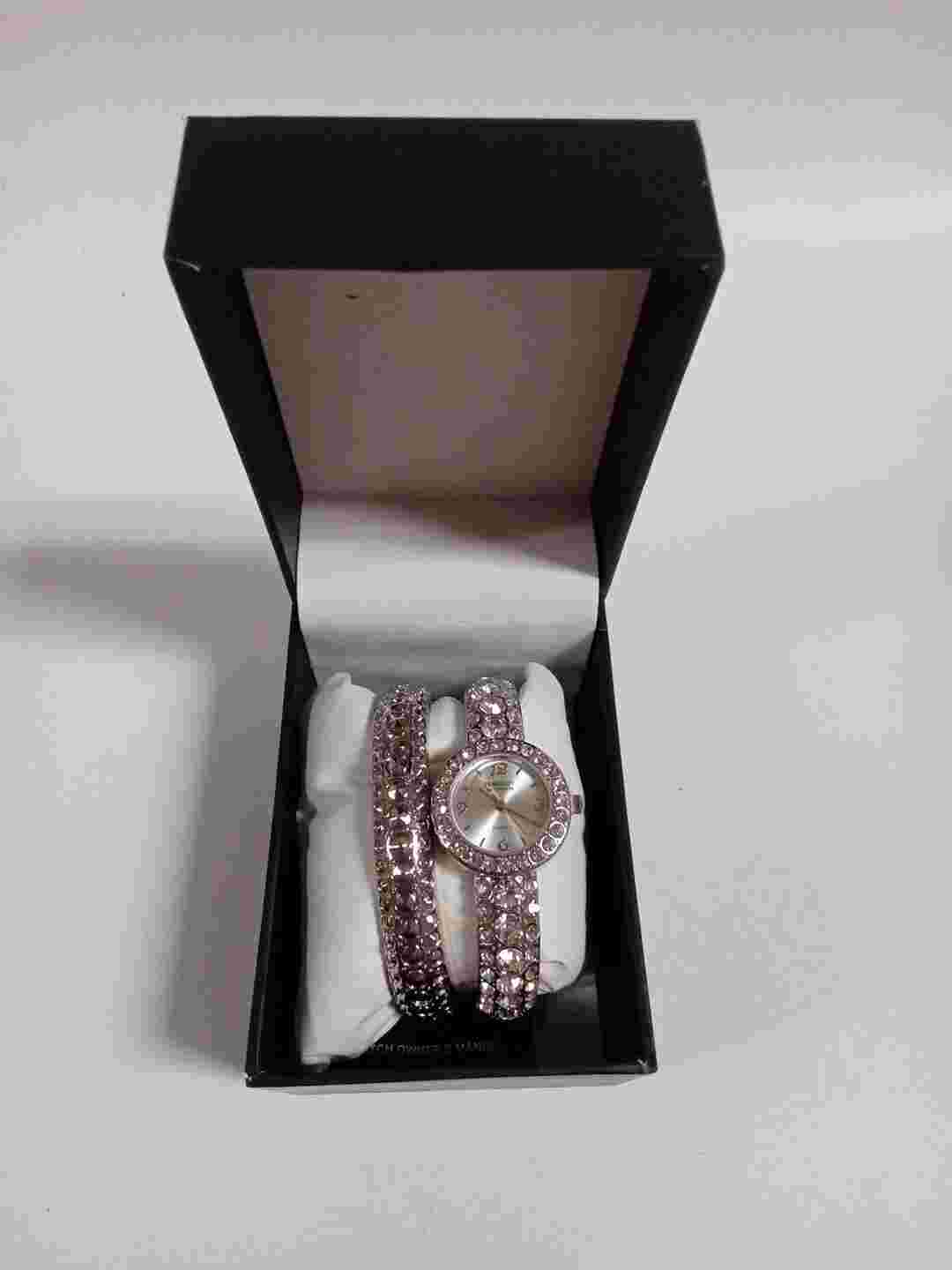 Embassy By Gruen Ladies White Crystal Silver Tone Watch & Bracelet Set - B7