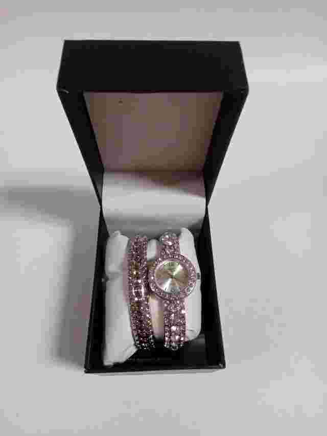 Embassy By Gruen Ladies White Crystal Silver Tone Watch & Bracelet Set - B7