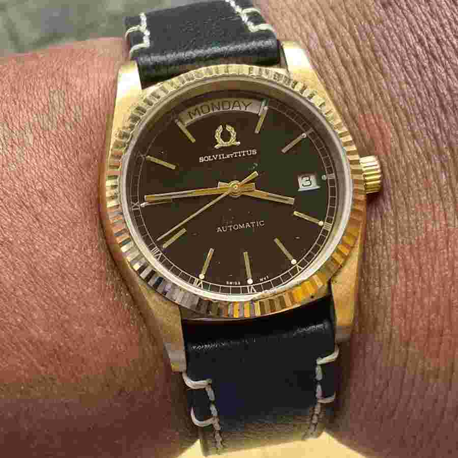 RARE Solvil et Titus President Day Date Black Dial Automatic Vintage Men Watch