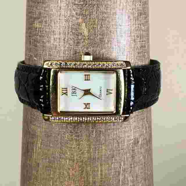 JBK Collection Women Camrose & Kross Black Leather Pave Bezel Quartz Watch 7"