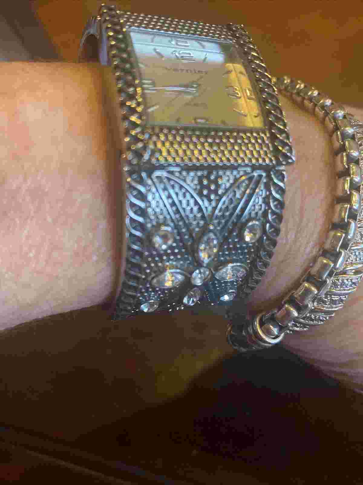 Vernier Silver Toned Bejeweled Women's Fashion Cuff Band Watch