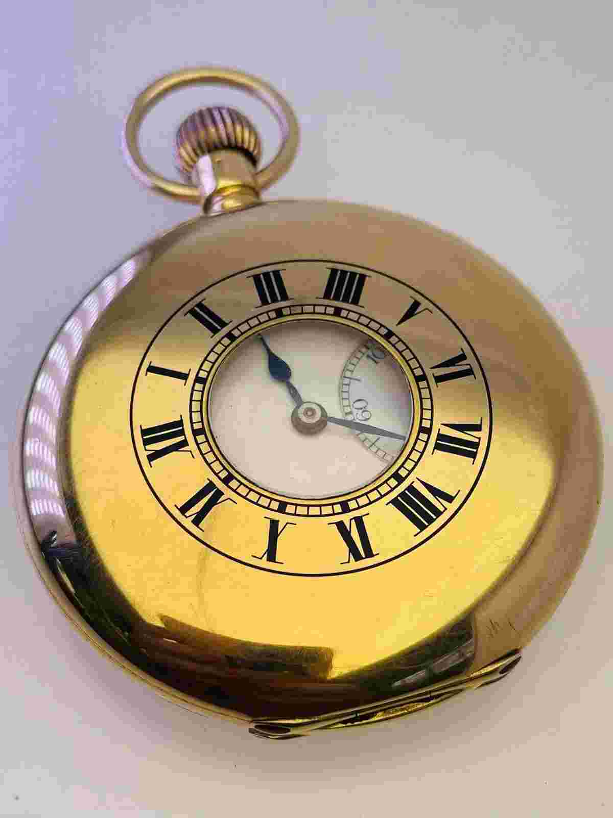 Antique 18ct Yellow Gold 1910 Half Hunter Pocket Watch Blue Roman Numerals Hands