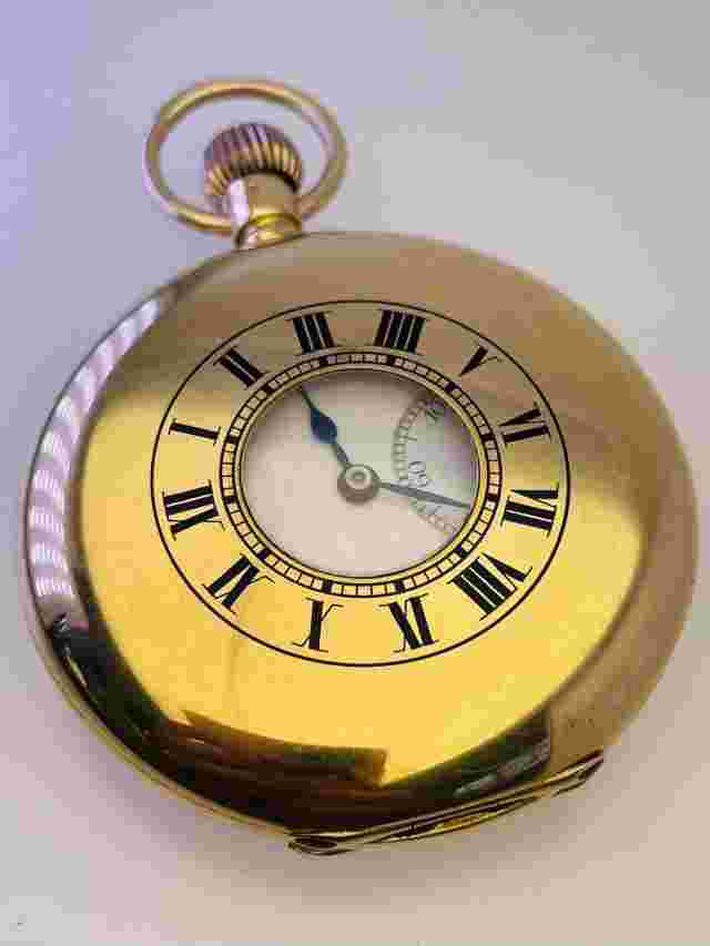 Antique 18ct Yellow Gold 1910 Half Hunter Pocket Watch Blue Roman Numerals Hands
