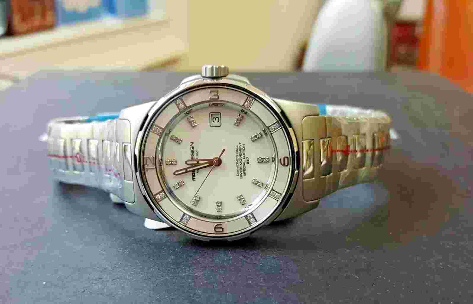MOMO DESIGN Women's Pilot Lady MOP Dial Stainless Steel Watch Diamond Dial Bezel