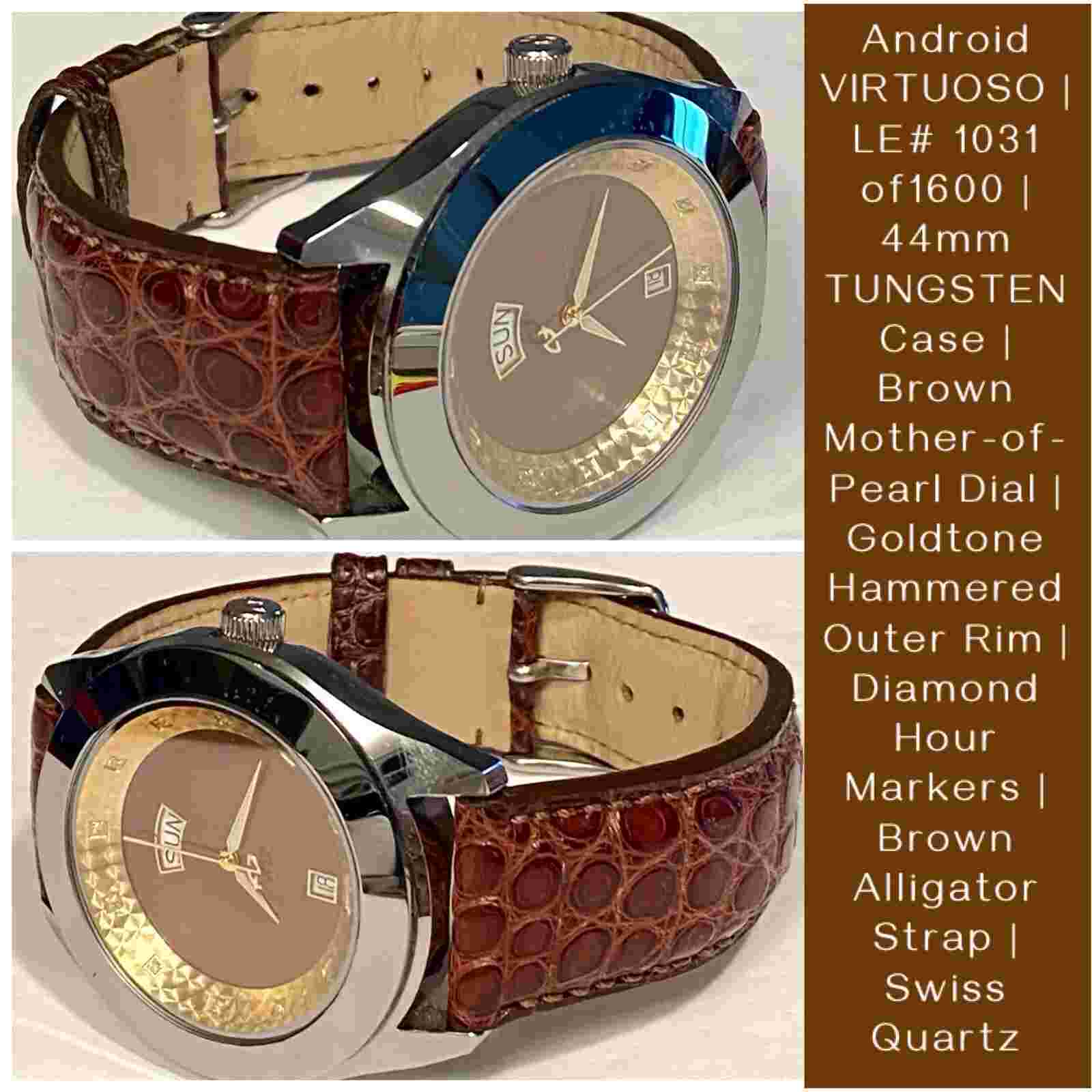 44mm TUNGSTEN Brown MOP Alligator Band VIRTUOSO Swiss Quartz Android Dress Watch
