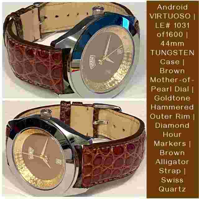 44mm TUNGSTEN Brown MOP Alligator Band VIRTUOSO Swiss Quartz Android Dress Watch
