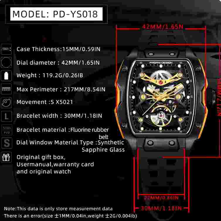 Pagani Design Mens Watch skeleton Dial Luminous Mens Watch Silicone Strap