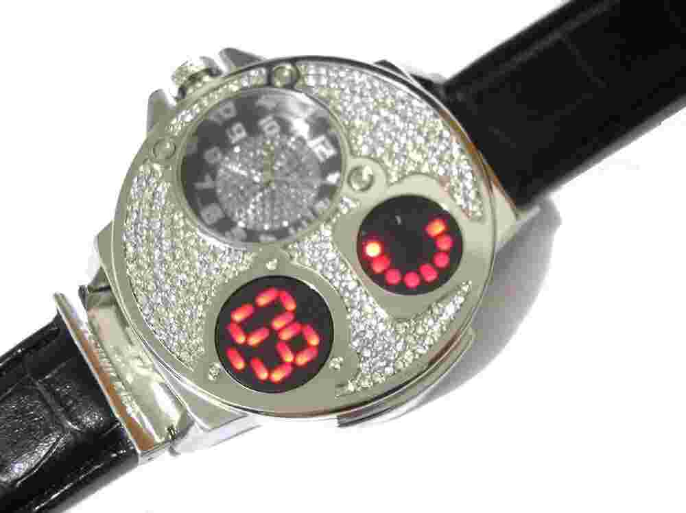 Silver Tone Case Leather Band Techno King Men's Watch Crystals