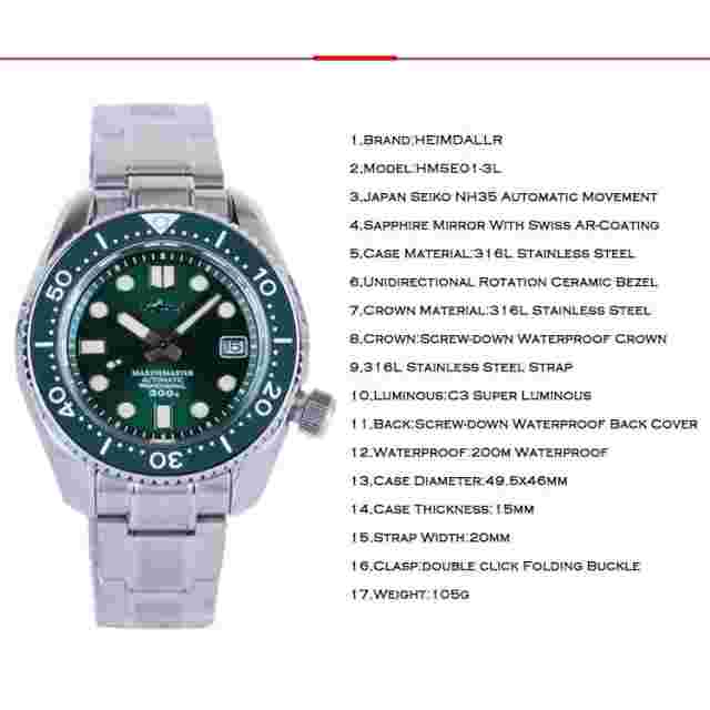 HEIMDALLR Mens Diver Watches Diver Automatic Mechanical Wristwatch 20Bar NH35