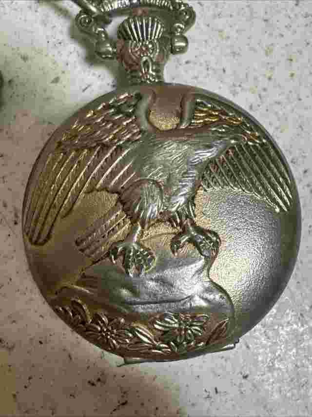 American Eagle Gold Colored Pocket Watch With Chain-easy Read Dial