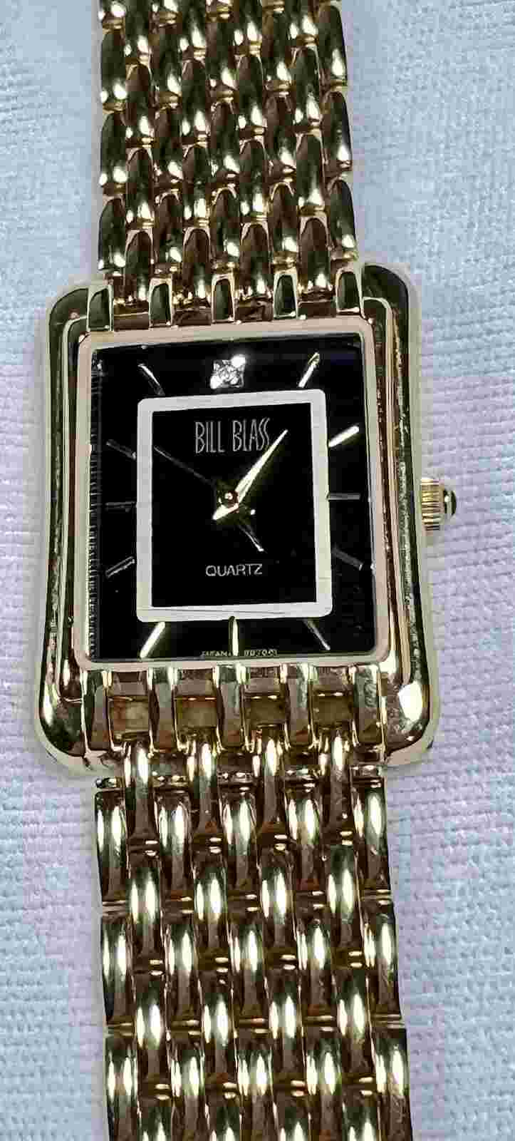 Vintage Bill Blass Quartz Watch Unisex Gold Tone Black Rectangle New Battery
