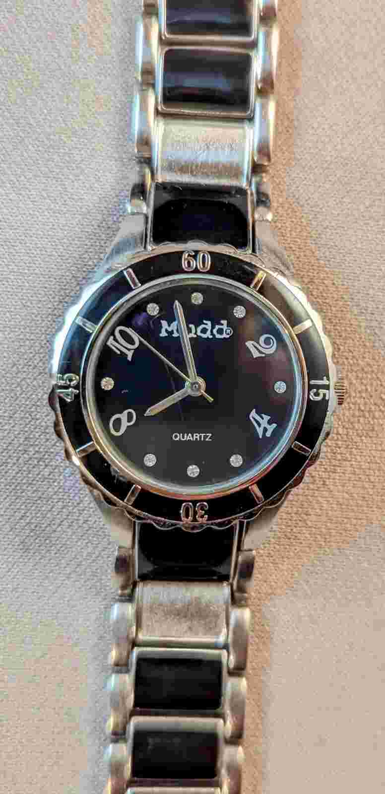 MUDD Wristwatch Quartz Stainless Black Silver Tone Water Resistant READ VTG RARE