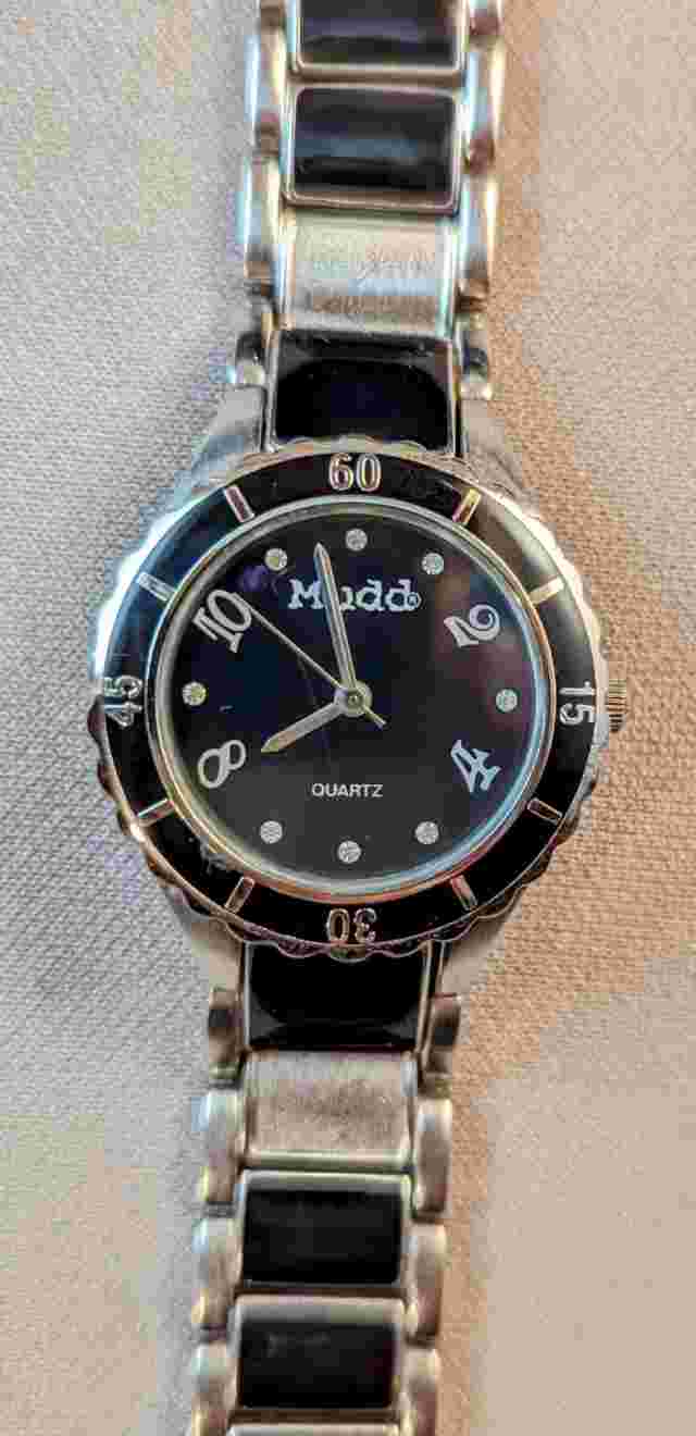 MUDD Wristwatch Quartz Stainless Black Silver Tone Water Resistant READ VTG RARE