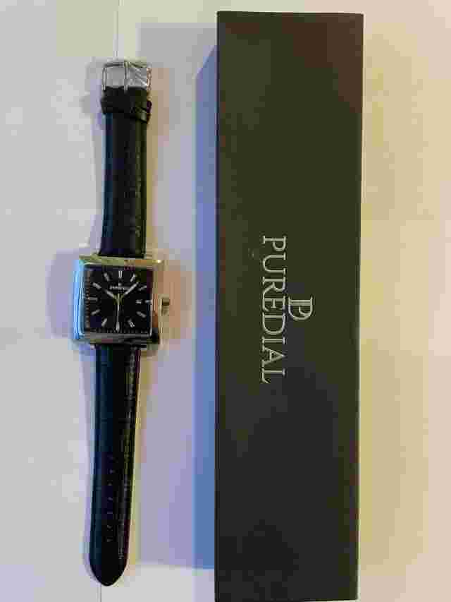Puredial The Square Legacy 42mm Quartz Leather Strap Men's Watch Black/Silver