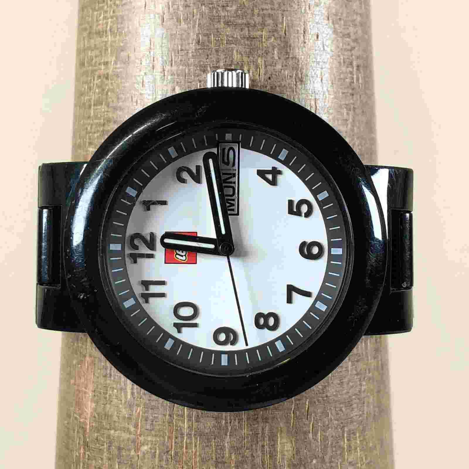 Lego Men 2013 Day Date Black Tone Stainless Steel 42mm Quartz Analog Watch 7"