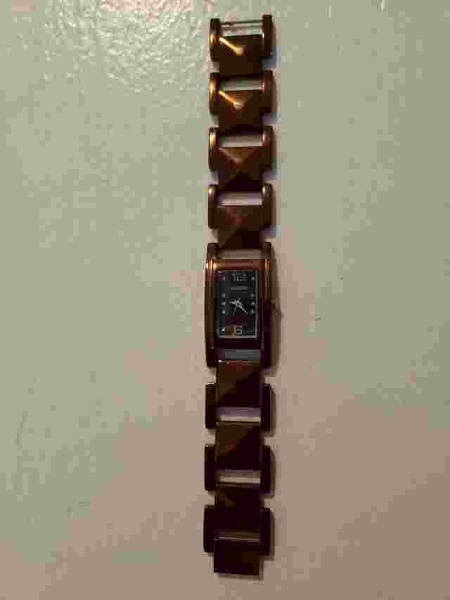 VALLETTA Analog Watch w/Coppertone Case, Gems & Link Bracelet Band, NEW BATTERY