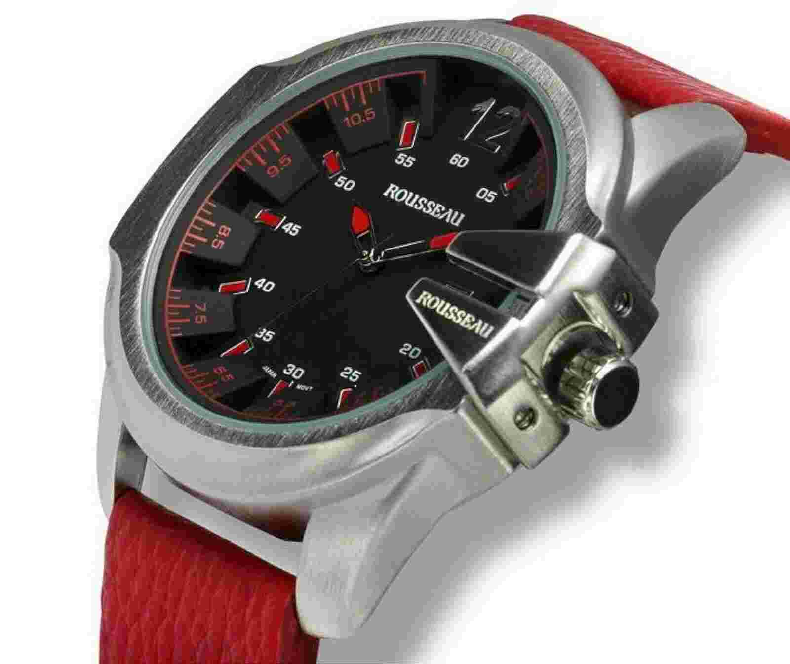 NEW Rousseau 9900 Mens Tillman Collection 3D Design Black Dial Red Leather Watch