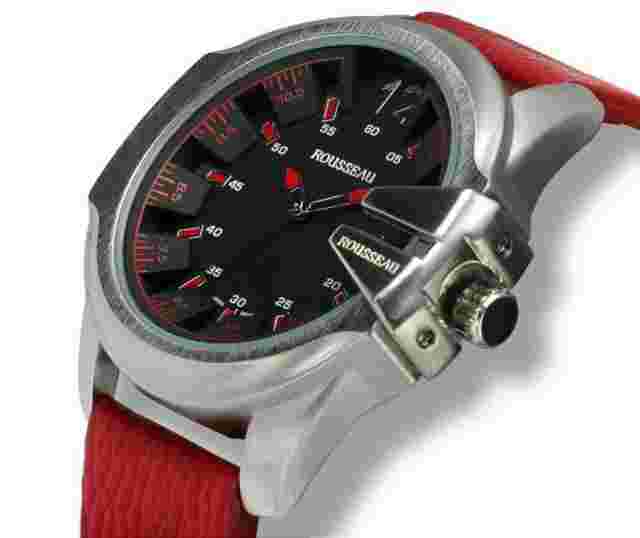 NEW Rousseau 9900 Mens Tillman Collection 3D Design Black Dial Red Leather Watch