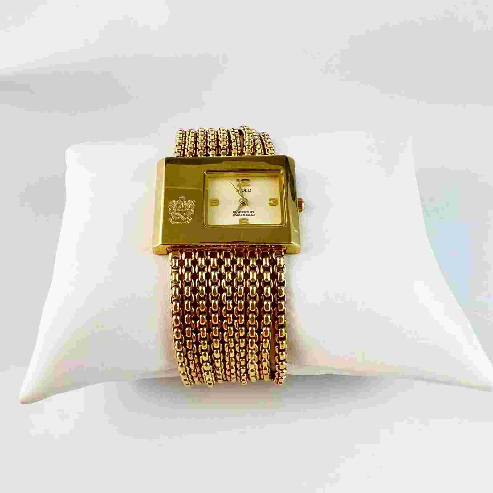 Vintage Estate Designer Paolo Gucci Logo Gold Tone Multi Chain Bracelet Watch