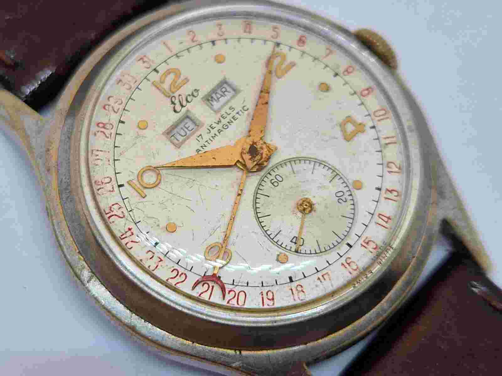 vintage Elco Triple date watch cal Venus 203 collectible