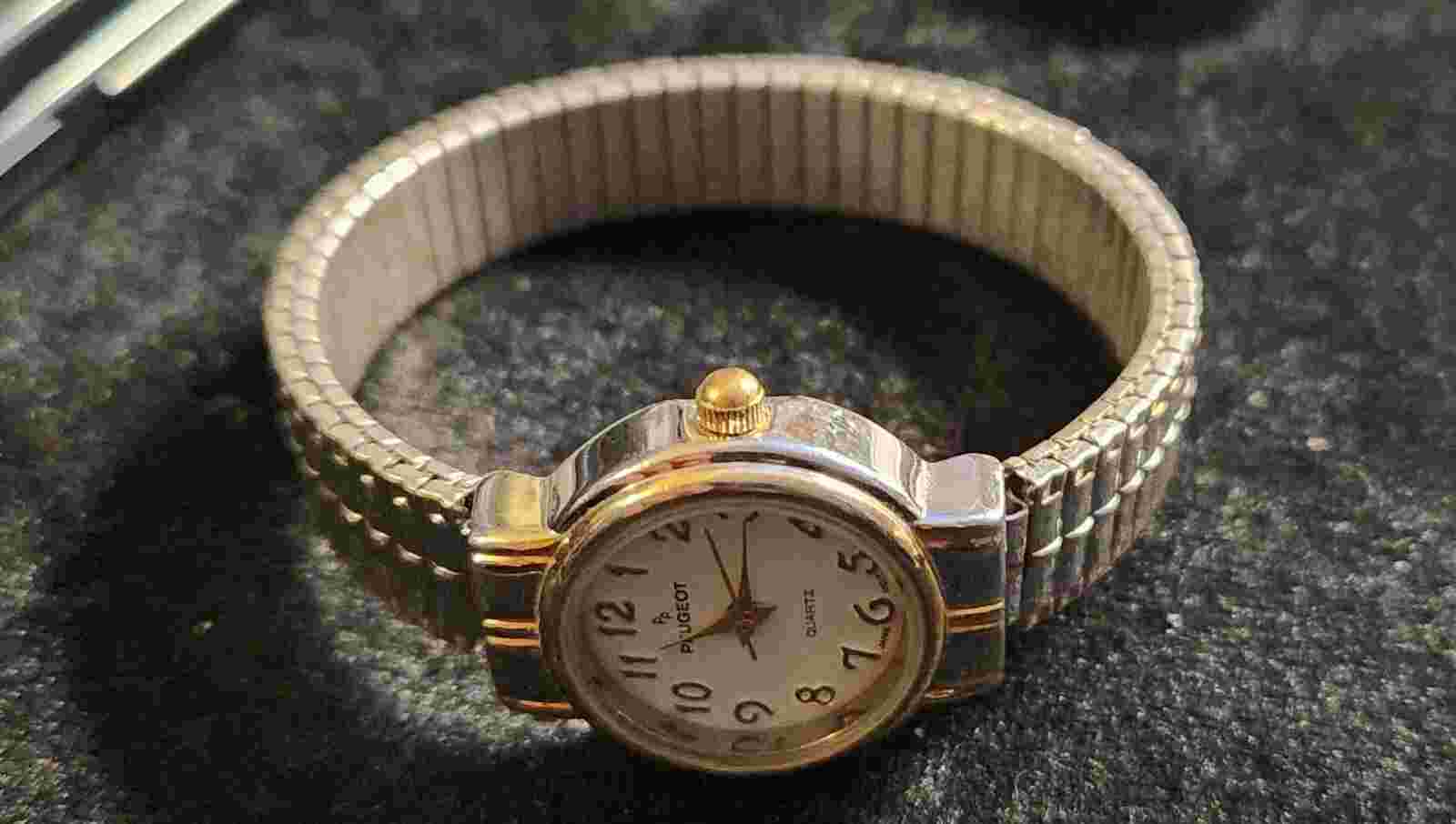 Peugeot Watch Silver & Gold Two Toned Expansion Band Round White Face (Read) L1