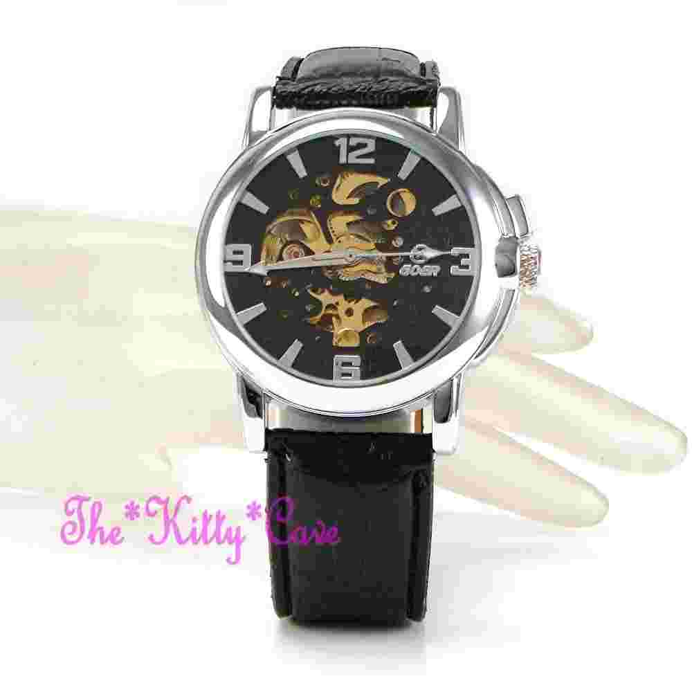 Automatic Mechanical Skeleton Steampunk Silver Black Leather Wind-Up Wrist Watch