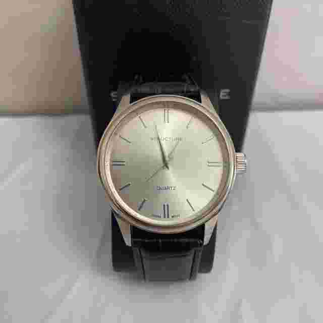 MEN'S STRUCTURE ANALOG QUARTZ WATCH SET BLACK LEATHER BAND ROUND DIAL
